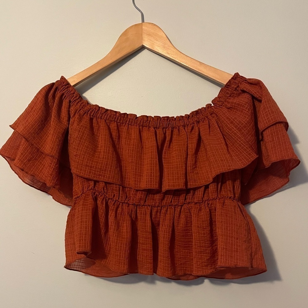 Zara Rust Orange Ruffled Off-Shoulder Crop Top - Picture 6 of 8